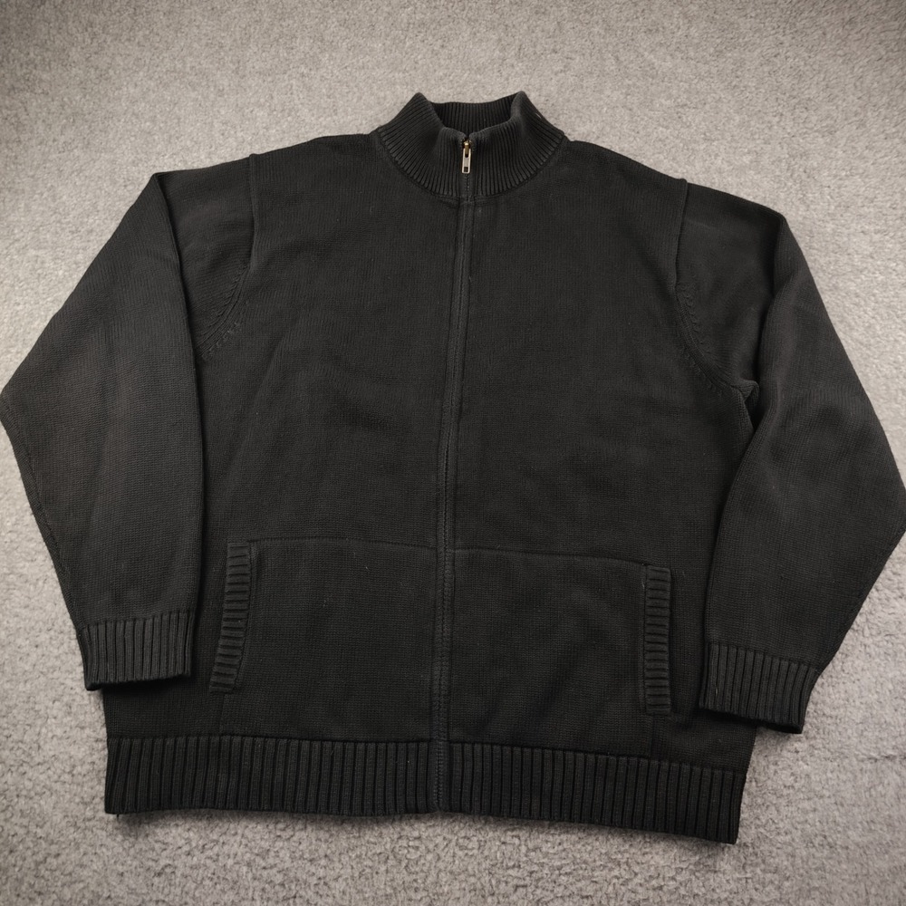 VTG LL Bean Sweater Jacket Black Full Zip Mens XL Mock Neck 100% Cotton EUC